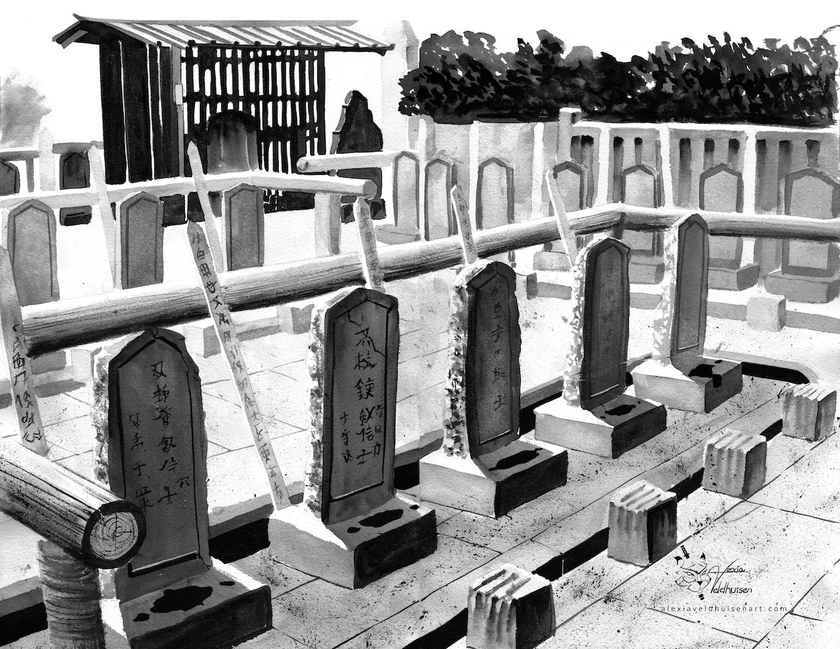 graveyard art black and white; samurai graveyard art black and white; 47 ronin graves; 47 ronin graves artwork; samurai graveyard; grave of 47 ronin; grave of 47 ronin art; samurai squirrel 47 artwork; samurai squirrel 47 ronin